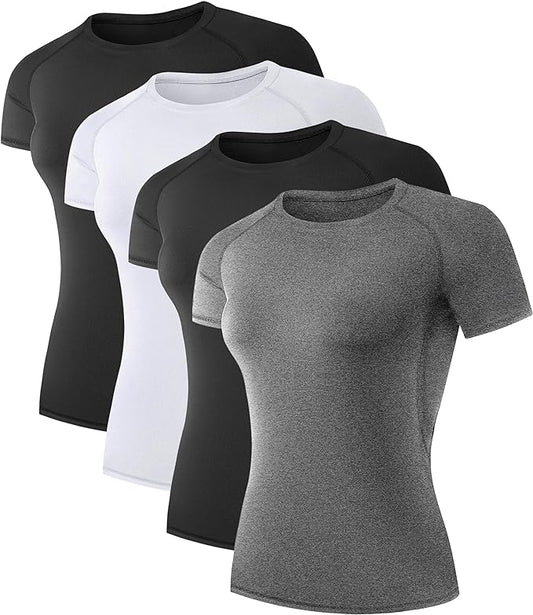 4-Pack Women's Compression Shirts | Moisture-Wicking Workout Tops for Running, Yoga, Gym, Training | Athletic Short Sleeve Baselayer Sports Tees