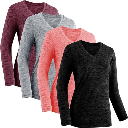 4 Pack Women's Quick-Dry Moisture-Wicking Activewear Shirts - Long-Sleeve V-Neck Athletic Running & Gym Workout Tops