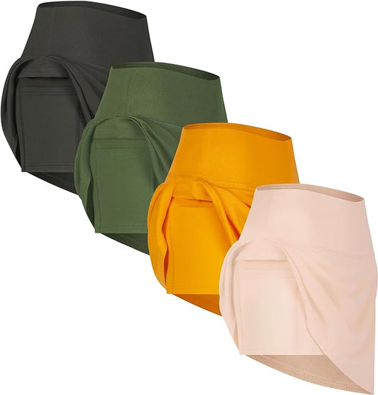 4 Pack Women's Ribbed Active Skort with Pockets - Running Tennis Golf Workout Skirt Shorts - Plus Size Available