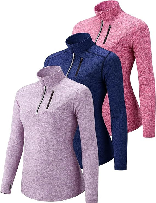 3 Pack Women's Quick-Dry Long Sleeve Quarter Zip Workout Shirts with Thumb Holes & Pocket - Athletic Pullover Tops for Yoga, Gym, Running