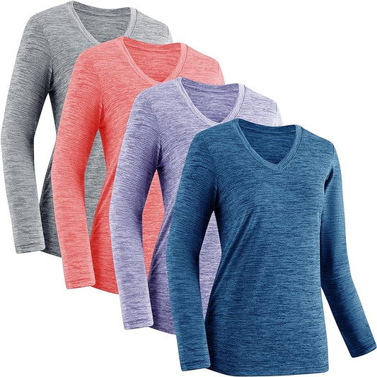 4 Pack Women's Quick-Dry Moisture-Wicking Activewear Shirts - Long-Sleeve V-Neck Athletic Running & Gym Workout Tops
