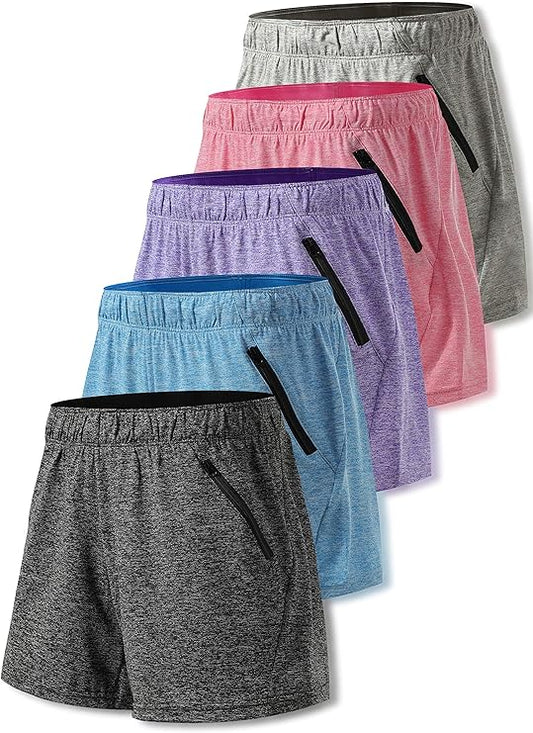 5-Pack Women's Workout Shorts with Zipper Pockets - Gym Active & Casual Lounge Athletic Apparel for Ladies